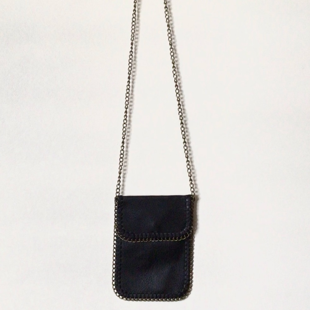 Black Boho Brass Chain Link Mini Crossbody Faux Leather Wallet Phone Holder Bag